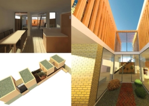 Design mockup of orange slabbed house and large glass windows with 3d view