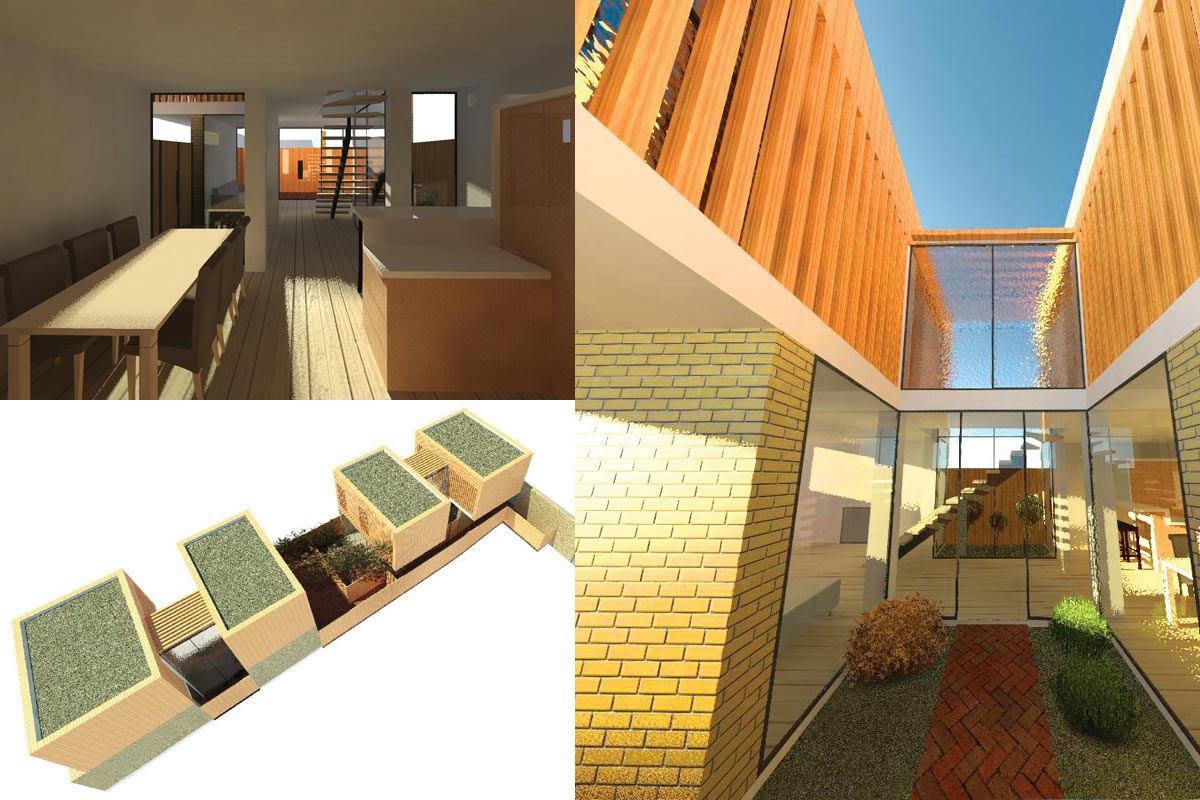 Design mockup of orange slabbed house and large glass windows with 3d view