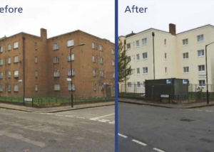 White block of flats in uniform grid design