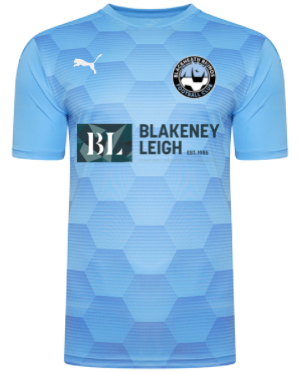 black heath blue football top with logos